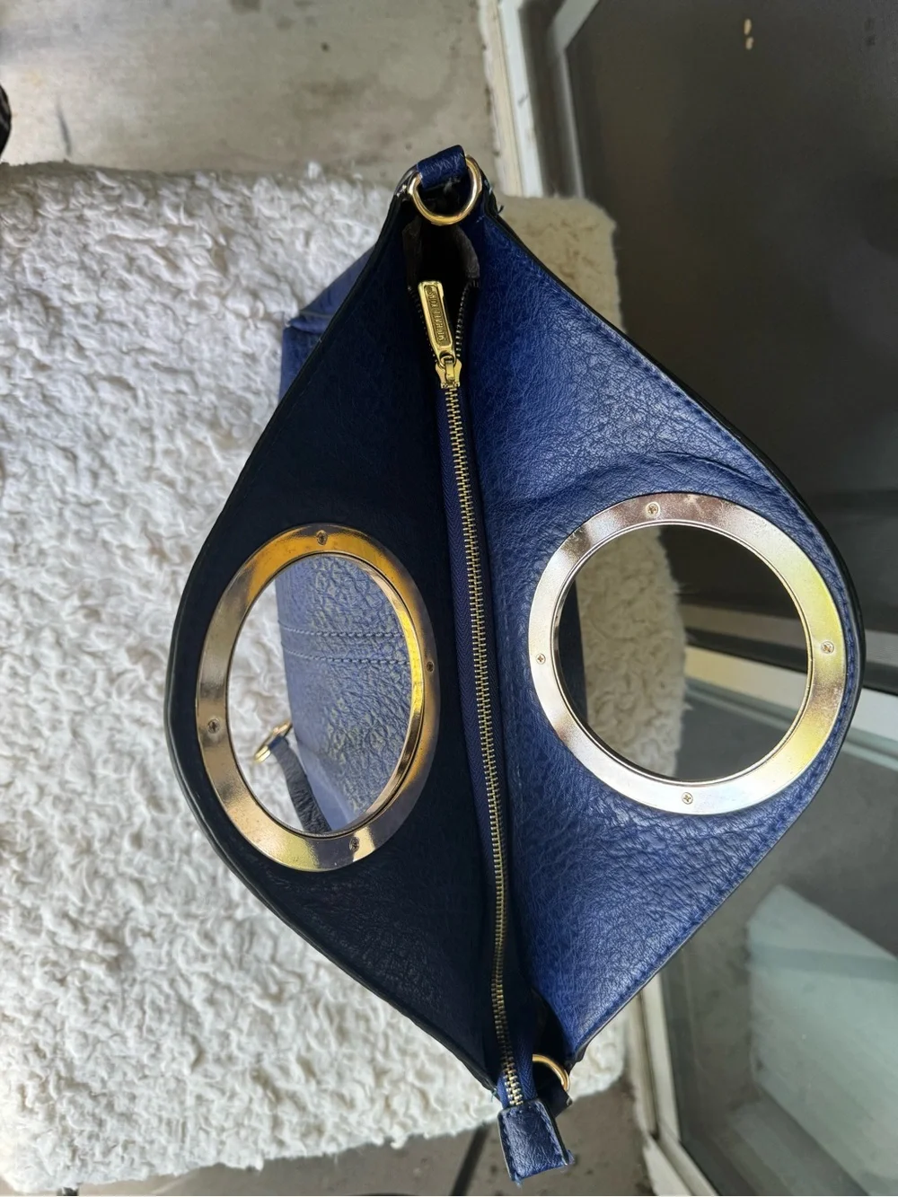 Michael Kors Navy Leather Ring-Handle Satchel with Gold Hardware